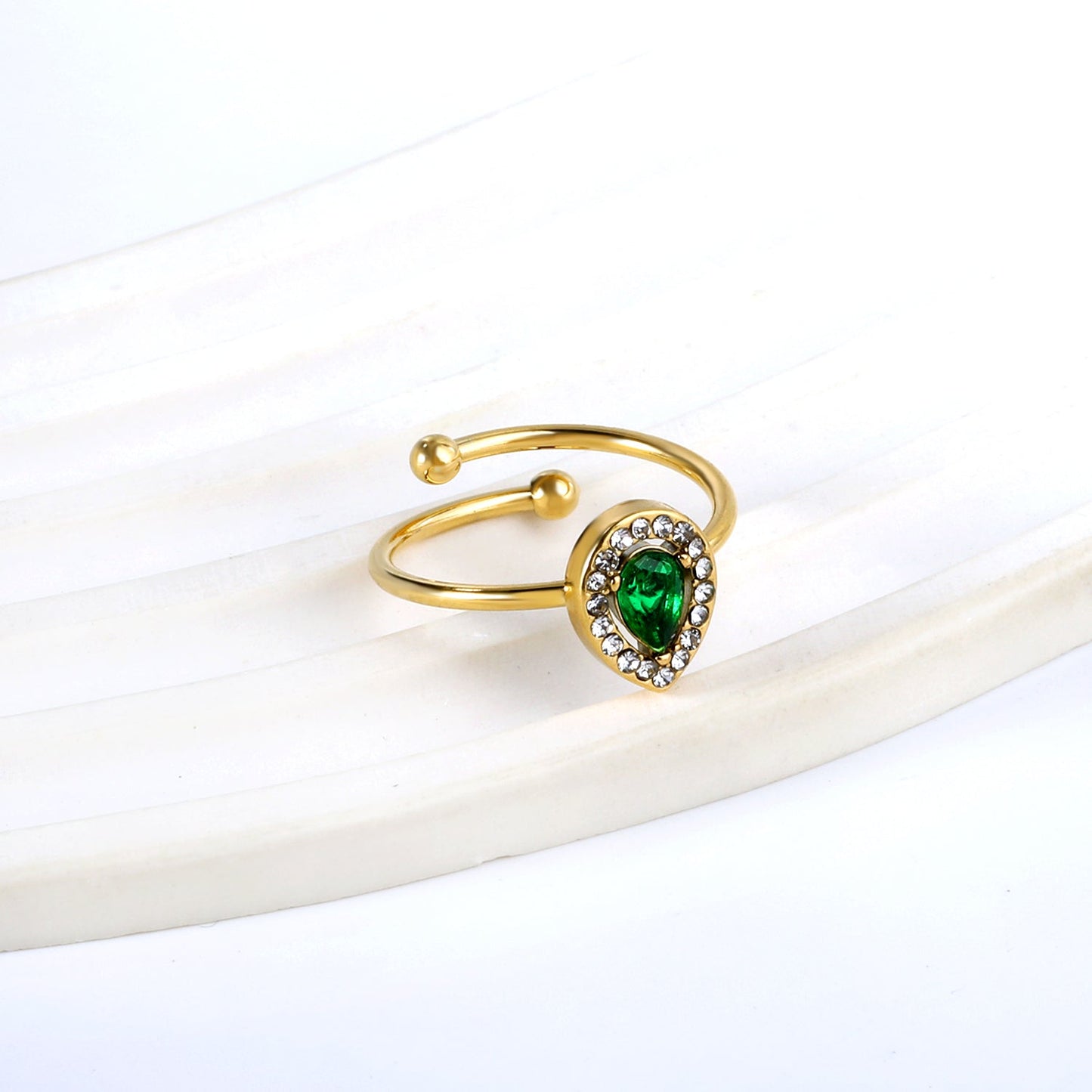 18K Gold - Plated Ring with Emerald - Cut Green Stone and Diamond - Accented Halo asonjewelry