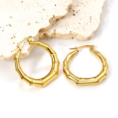 Hollow open round bamboo earrings 28.8mm gold color asonjewelry