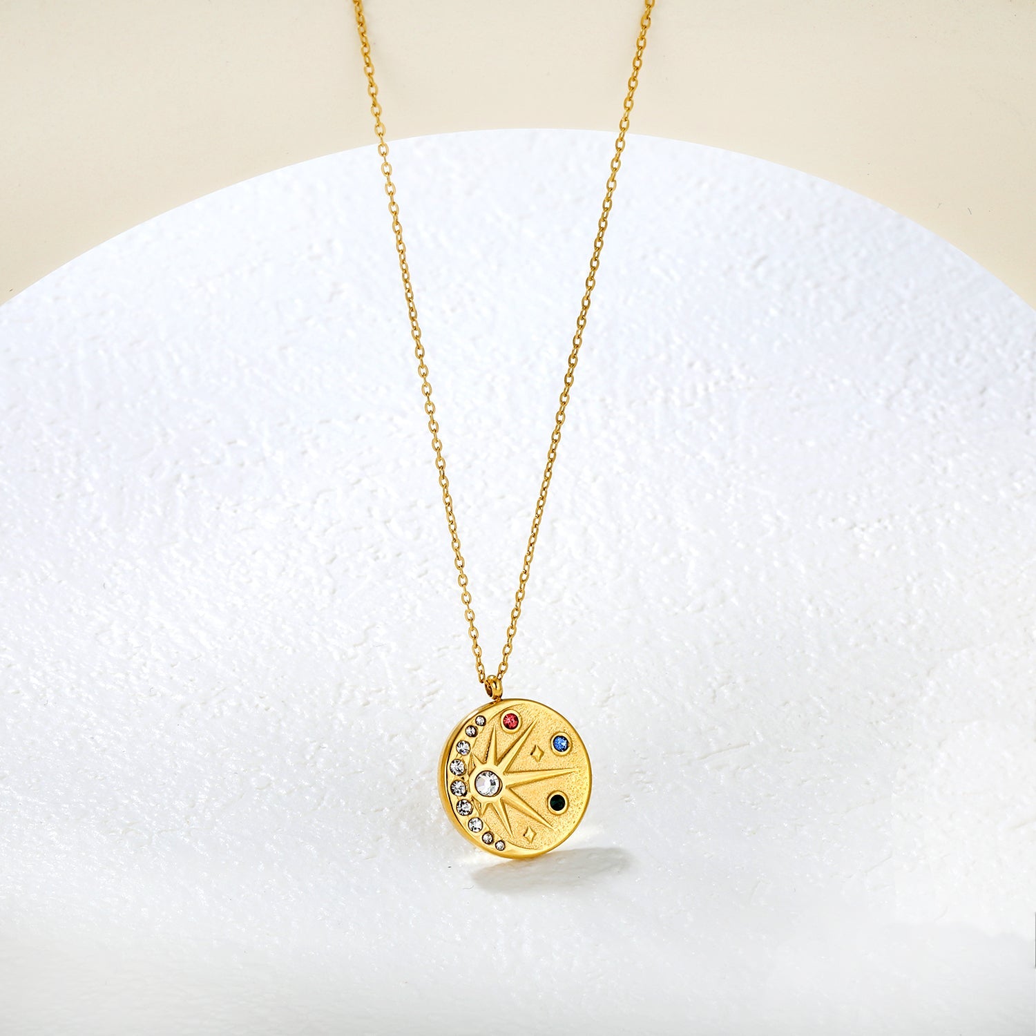 18mm eight-pointed star with colored diamonds 0.3 cross chain 40+5cm+6mm round pendant necklace, gold asonjewelry