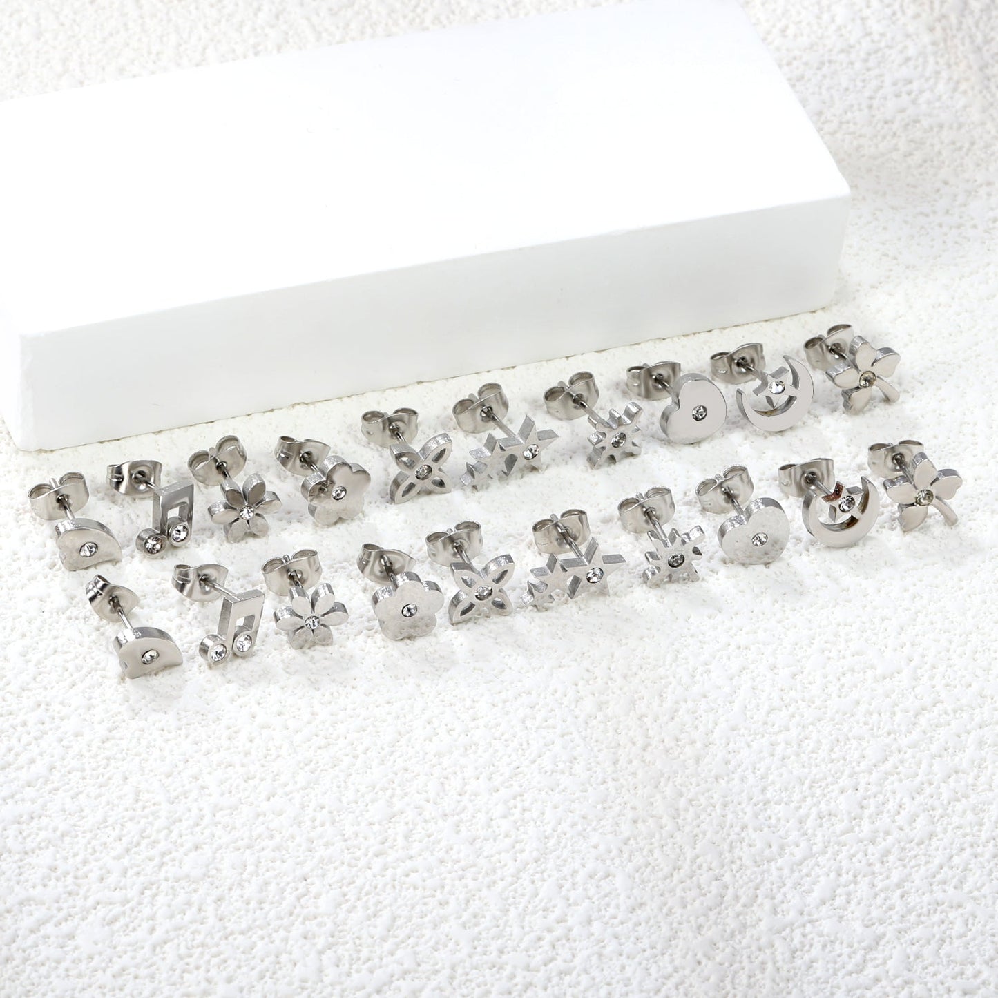 10 Pairs Mixed Cut Diamond Stud Earrings Steel Color asonjewelry
