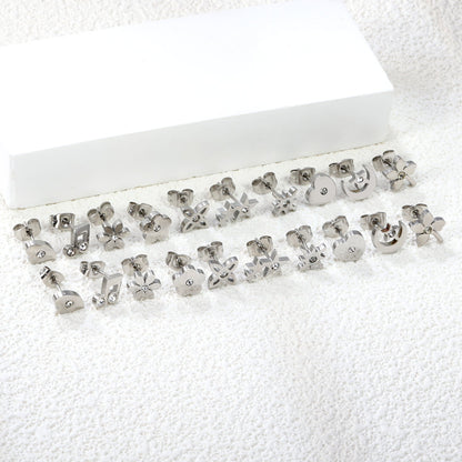 10 Pairs Mixed Cut Diamond Stud Earrings Steel Color asonjewelry