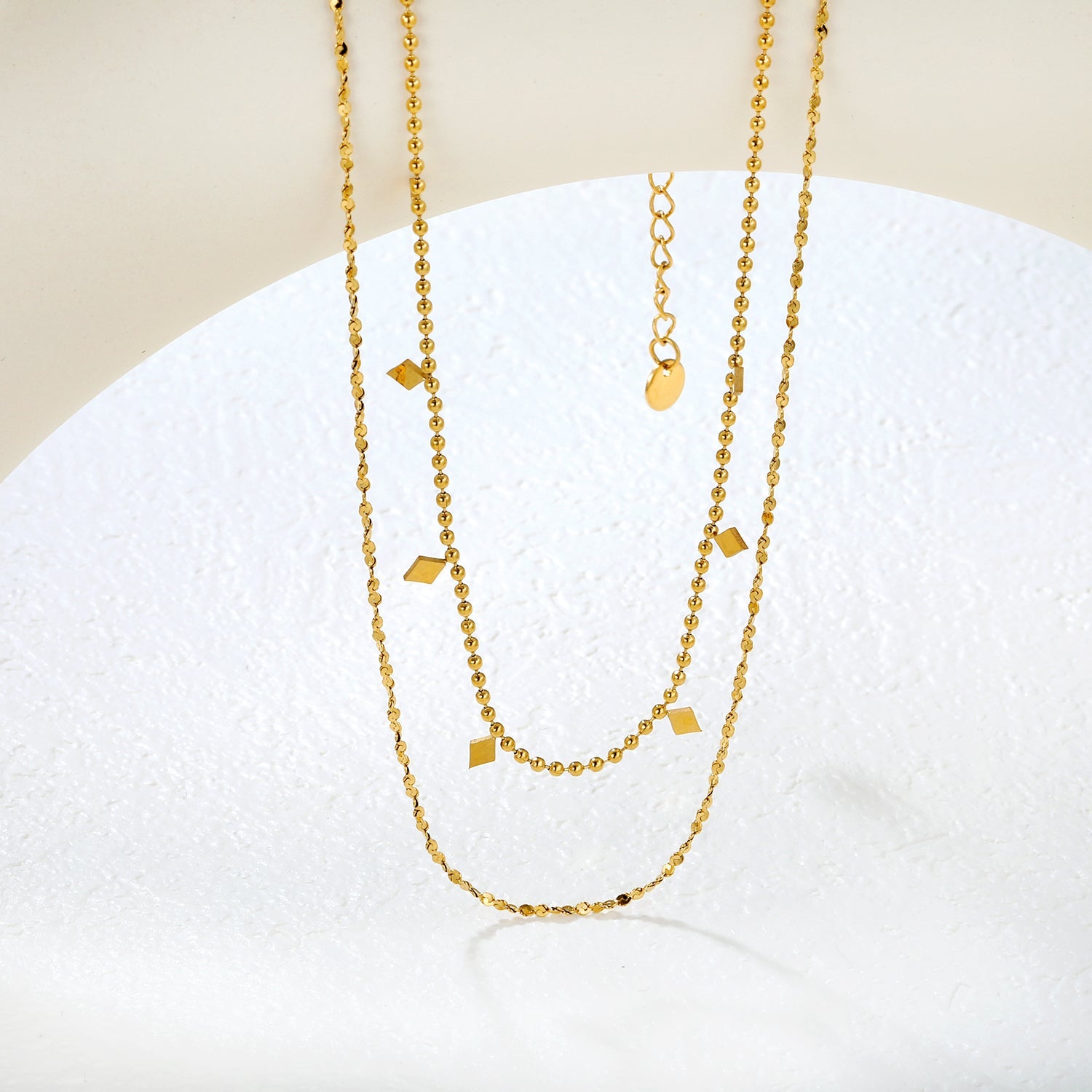 3x5mm 7 smooth diamond-shaped accessories double chain 1.5 pearl chain 40cm + 0.3 starry sky 50x5cm + 6mm round tail tag necklace, gold asonjewelry