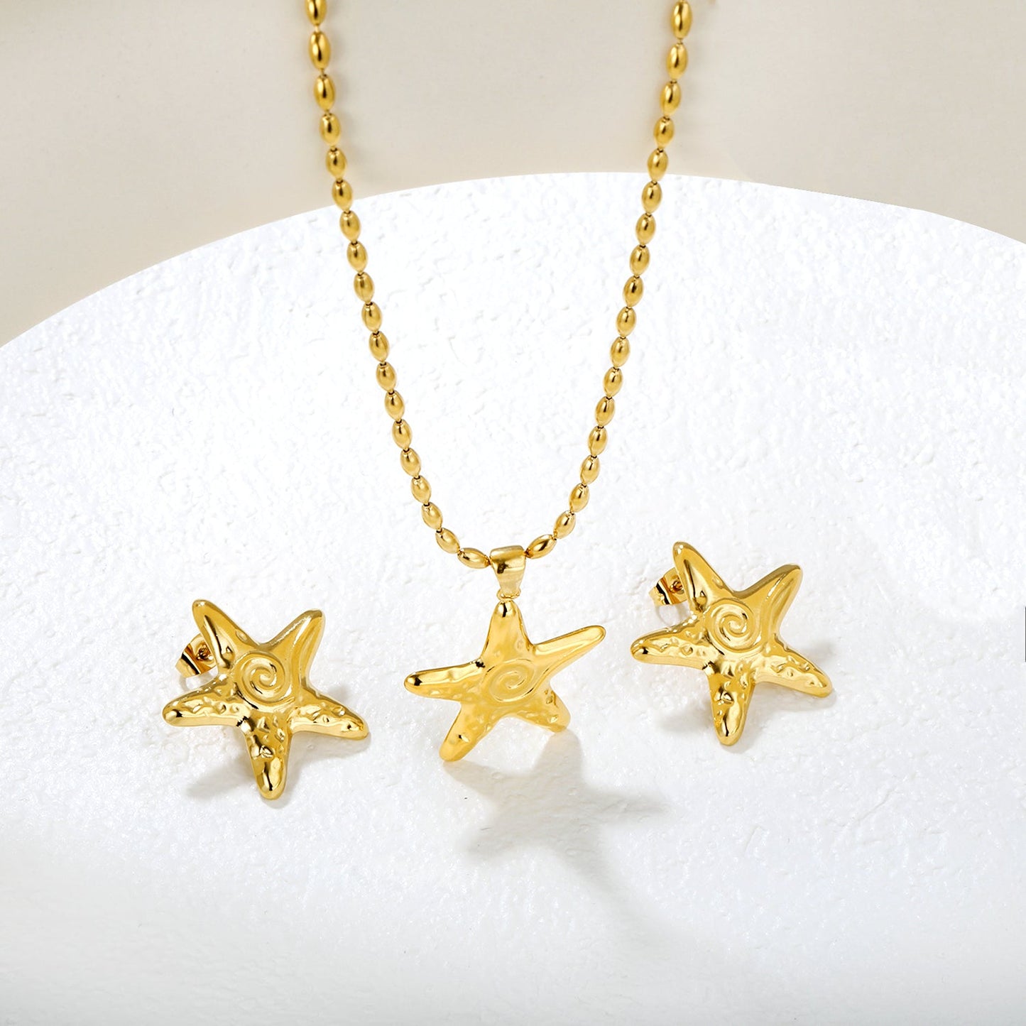 Screw Starfish Set Gold Earrings: 26x26.6mm Pendant: 26x26.6mm 2x4mm Olive Glass Bead Chain 40+5cm+6mm Round Pendant asonjewelry