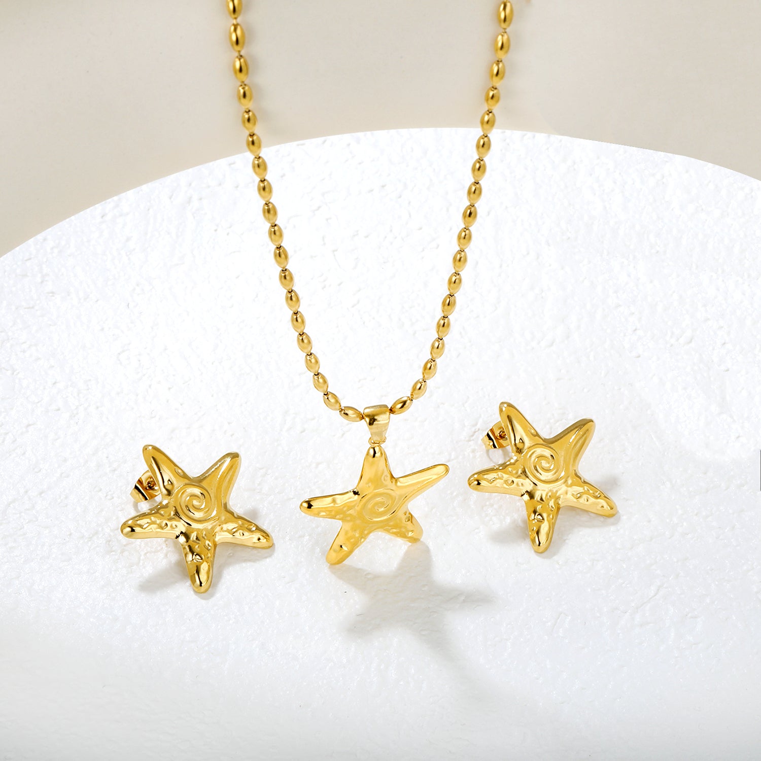 Screw Starfish Set Gold Earrings: 26x26.6mm Pendant: 26x26.6mm 2x4mm Olive Glass Bead Chain 40+5cm+6mm Round Pendant asonjewelry