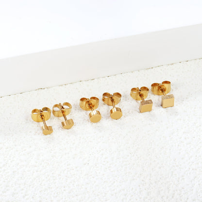 3 Pairs Mixed Cut Stud Earrings (Round 4mm, Heart 4*3mm, Square 4mm) Steel Color/Golden Color asonjewelry