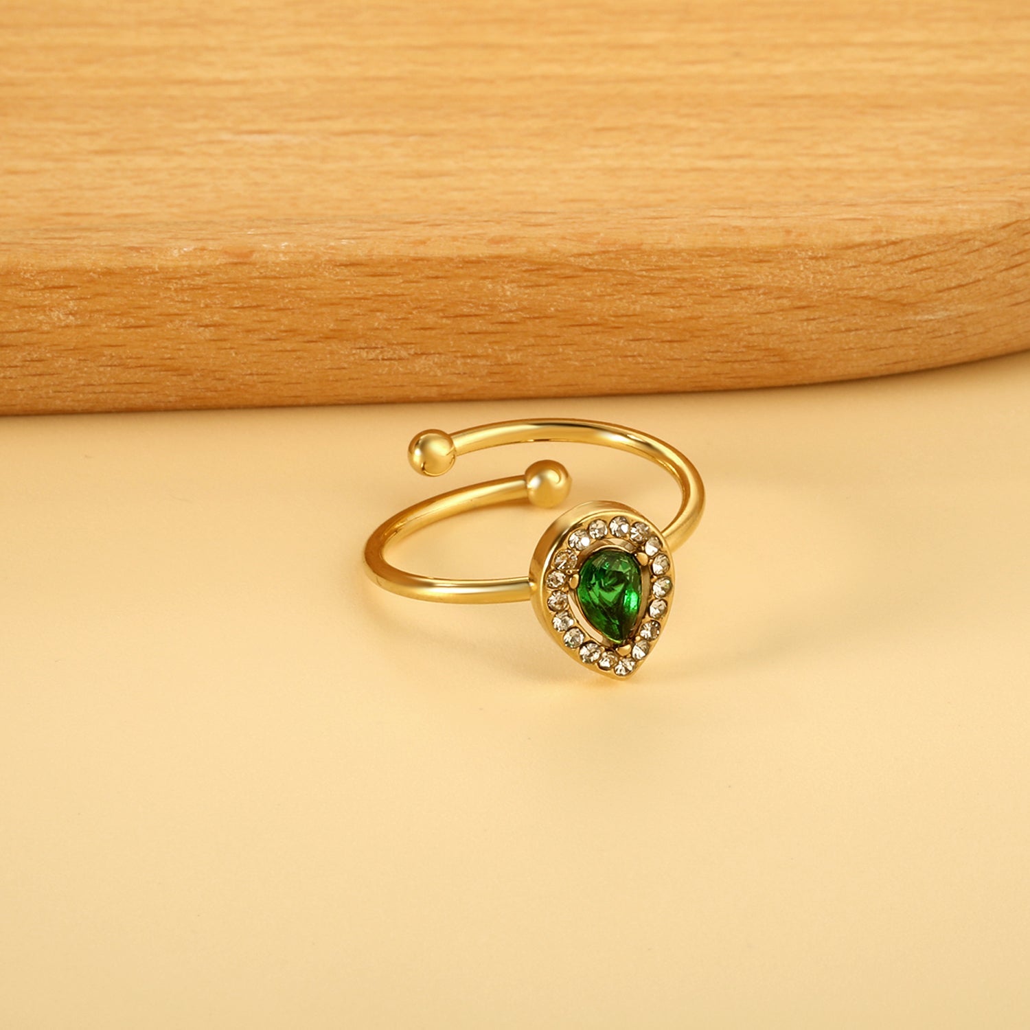 18K Gold - Plated Ring with Emerald - Cut Green Stone and Diamond - Accented Halo asonjewelry