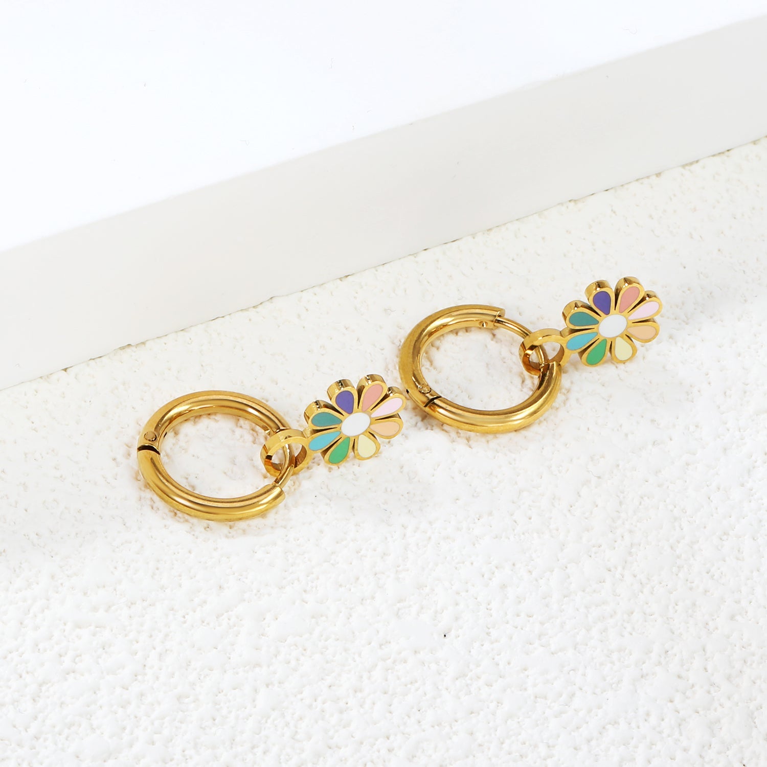 2*10mm circle + 9.4*13mm eight petal flower with colorful oil drop earrings in steel/golden color asonjewelry