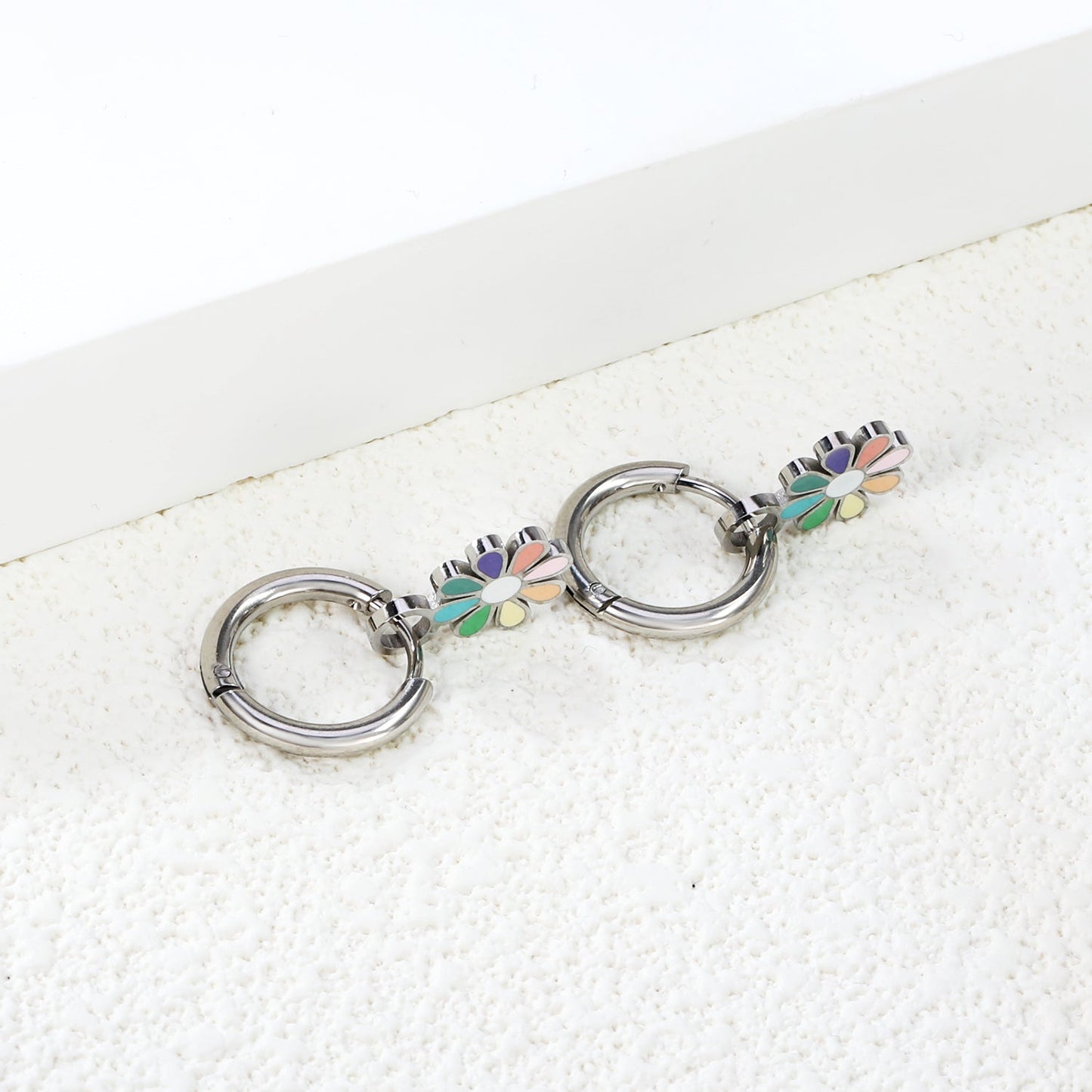 2*10mm circle + 9.4*13mm eight petal flower with colorful oil drop earrings in steel/golden color asonjewelry