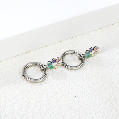 2*10mm circle + 9.4*13mm eight petal flower with colorful oil drop earrings in steel/golden color asonjewelry