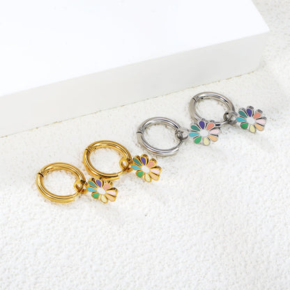 2*10mm circle + 9.4*13mm eight petal flower with colorful oil drop earrings in steel/golden color asonjewelry