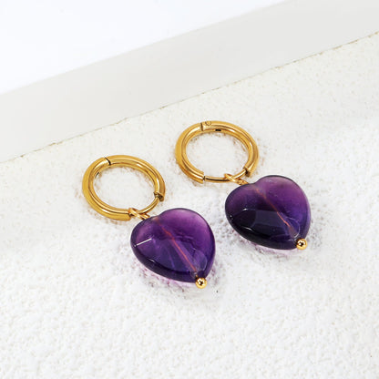 2*10mm inner diameter earrings + 15mm heart shape imitation amethyst stone earrings Gold color asonjewelry