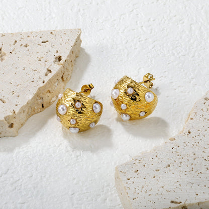 17x20mm half-circle tree bark with white pearl ear studs, gold asonjewelry