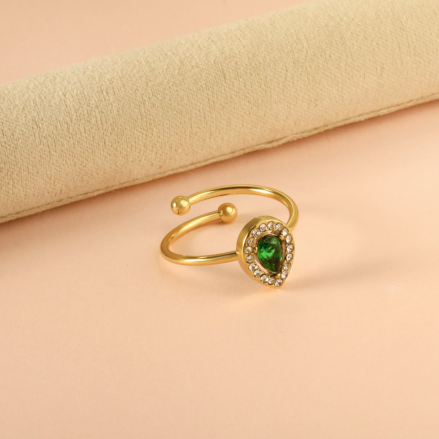 18K Gold - Plated Ring with Emerald - Cut Green Stone and Diamond - Accented Halo asonjewelry