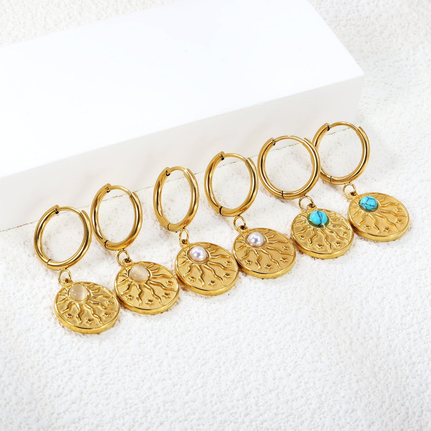 2*12mm I.D. earrings + 15mm round sunburst with white pearl/white cat's eye/turquoise earrings gold color asonjewelry