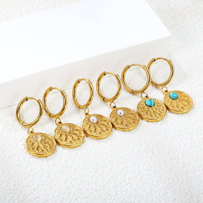 2*12mm I.D. earrings + 15mm round sunburst with white pearl/white cat's eye/turquoise earrings gold color asonjewelry