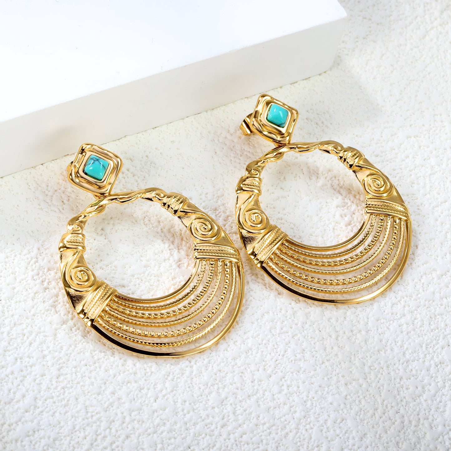12.2mm Rhombus with Turquoise + 38.5mm Textured Circle Earrings Gold Color asonjewelry