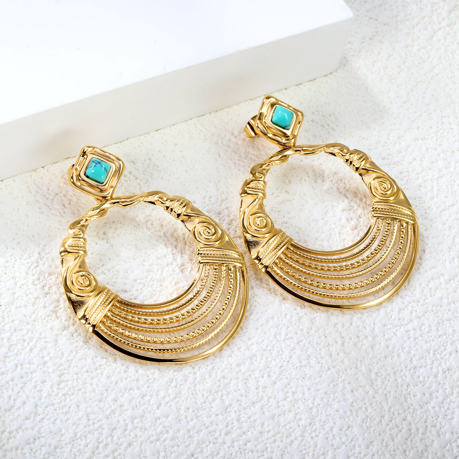 12.2mm Rhombus with Turquoise + 38.5mm Textured Circle Earrings Gold Color asonjewelry
