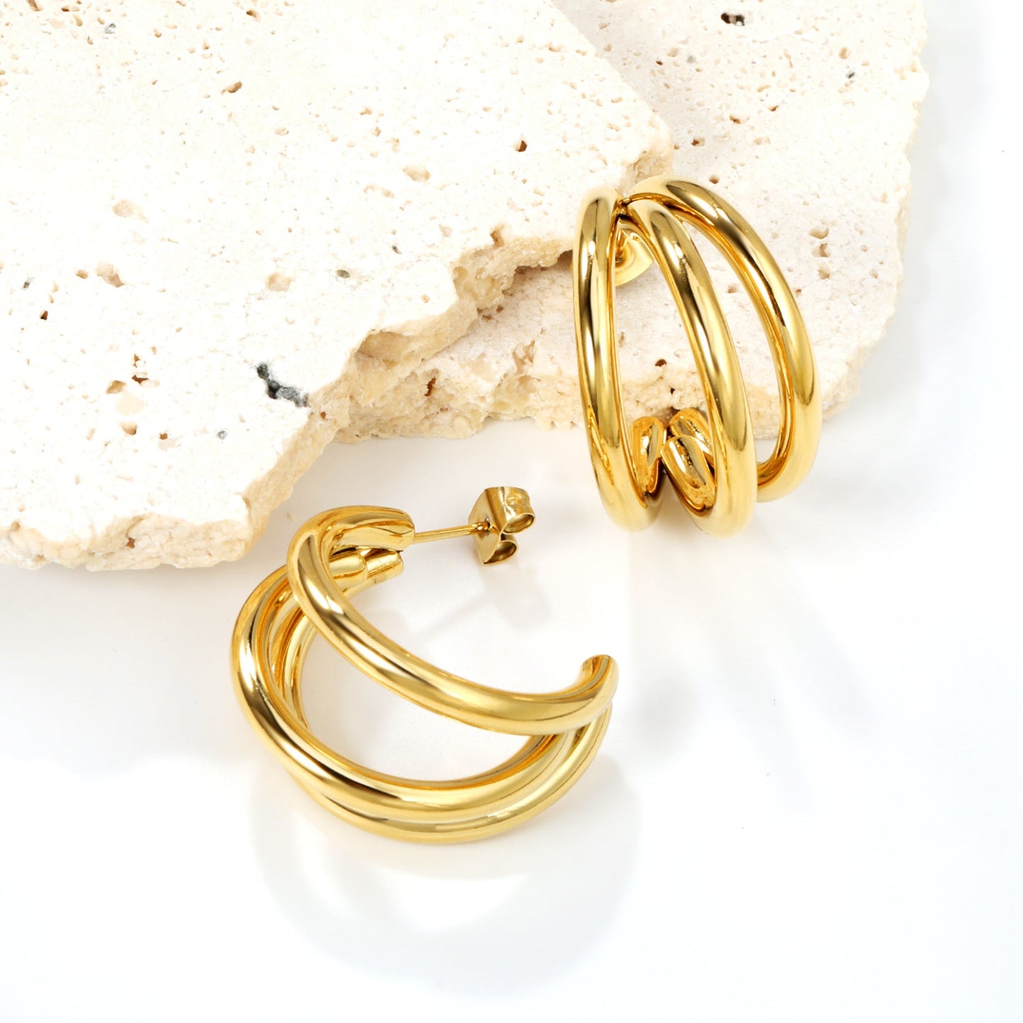 Triple Size C-Shaped Gold Stud Earrings 3*17*24.7mm asonjewelry