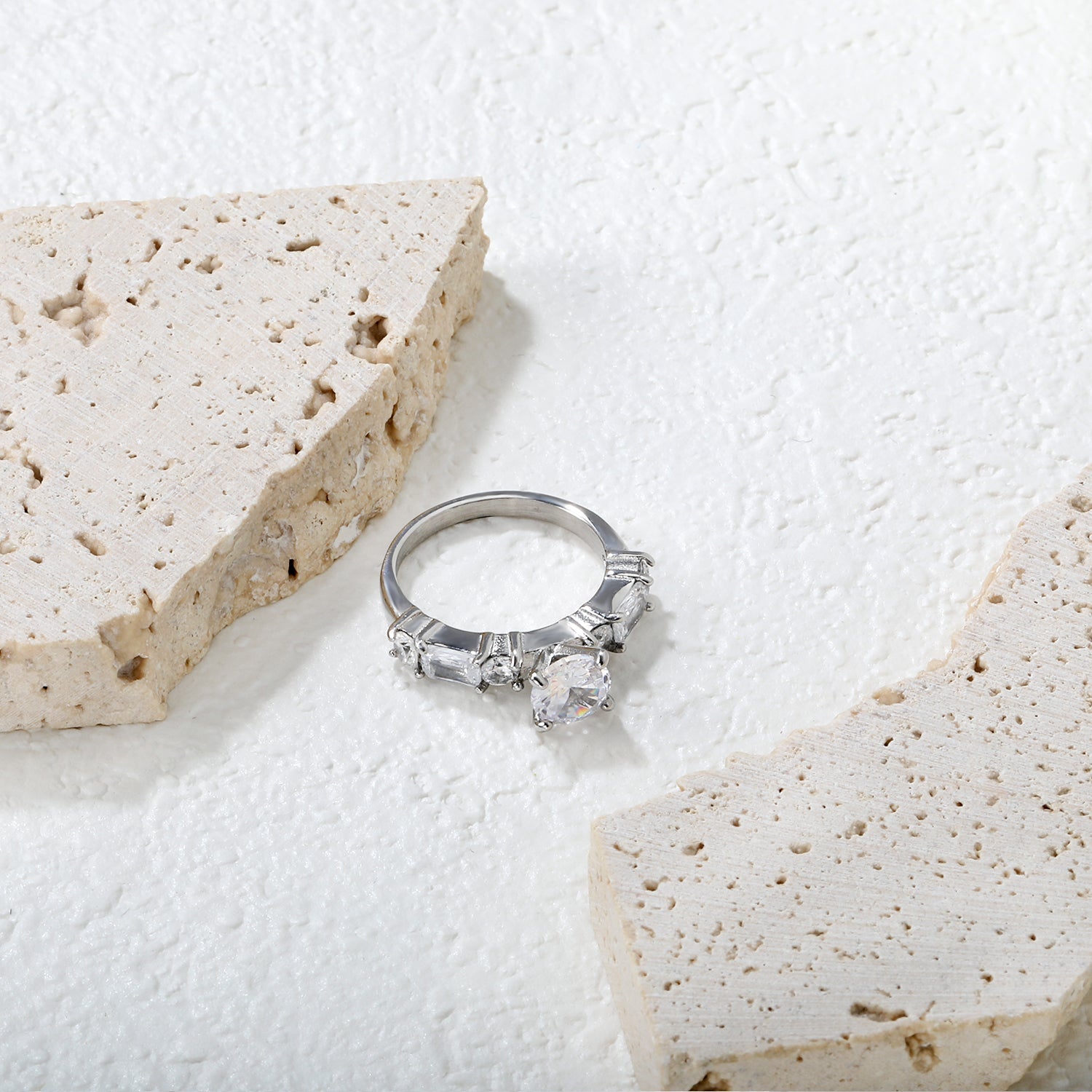 Stainless Steel Ring with Round Diamond & Emerald - Cut Side Accents asonjewelry