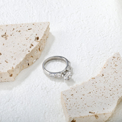 Stainless Steel Ring with Round Diamond & Trapezoid Side Accents asonjewelry