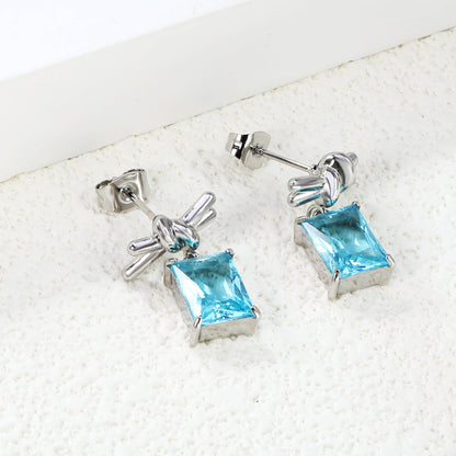 13.3*6mm Rope Ribbon + 8*10mm Rectangle Light Blue Zirconia Earrings Steel/Golden asonjewelry