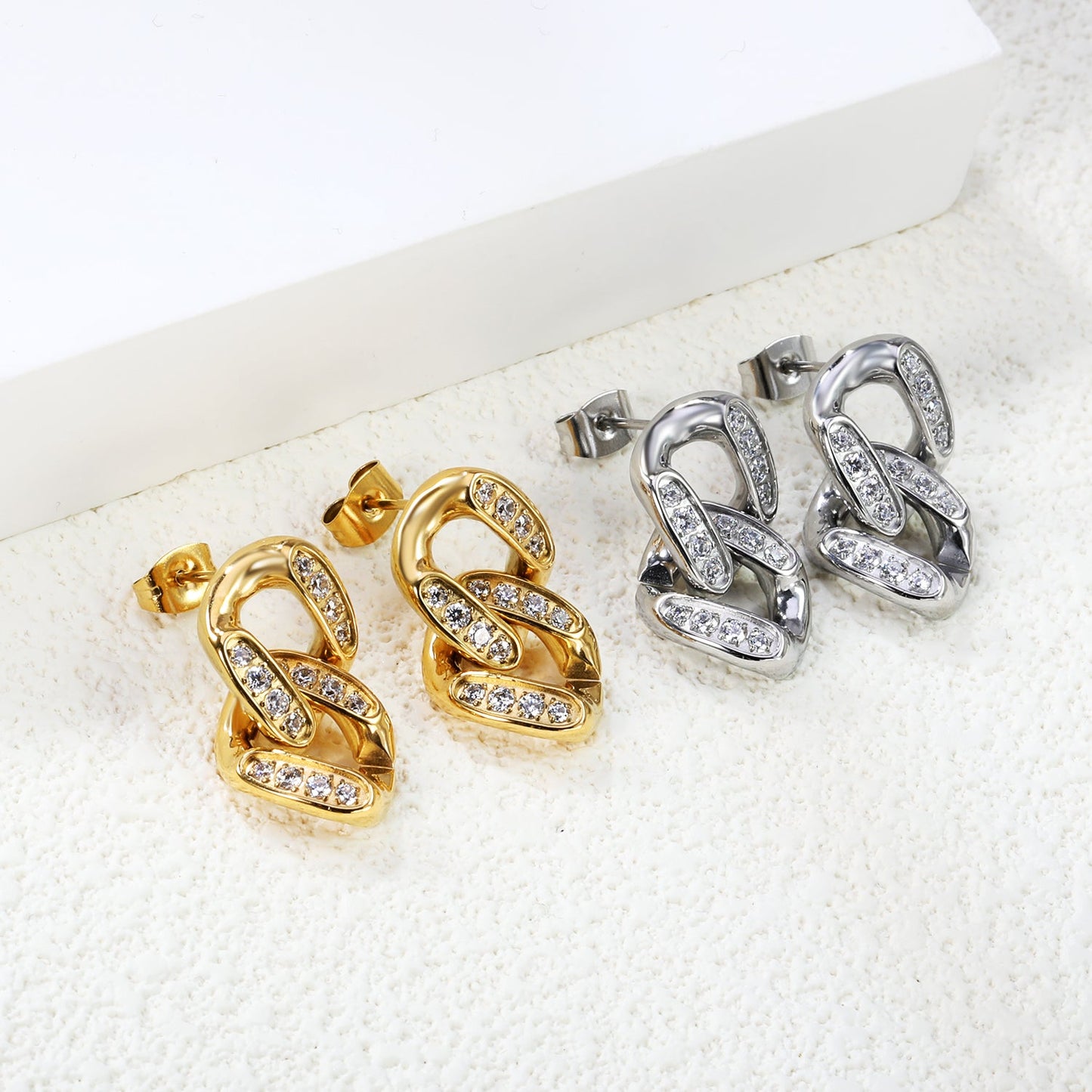 12.3*22.3mm double buckle earrings with CNC white zirconia earrings in steel color/golden asonjewelry