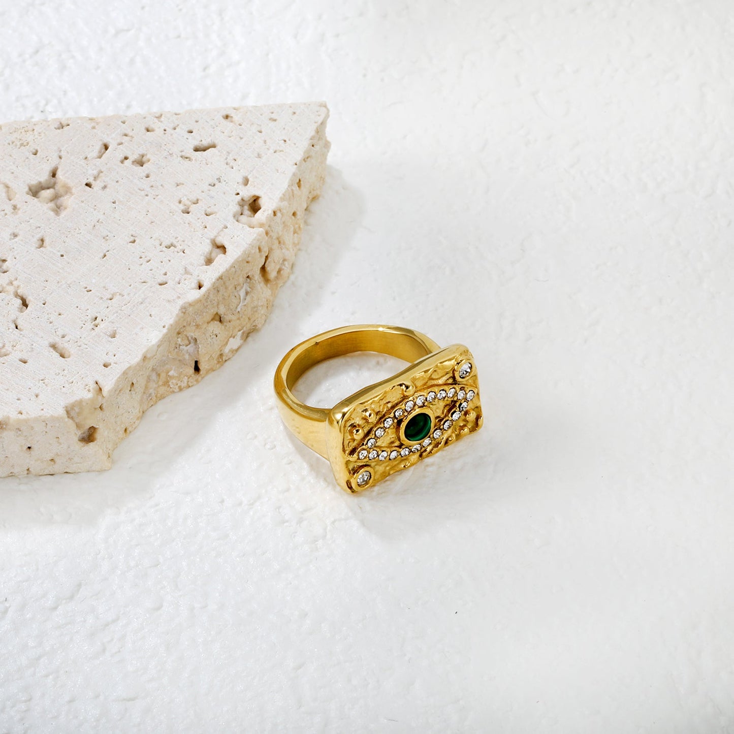 Gold Vintage - Engraved Ring with Emerald & Diamond Accents asonjewelry