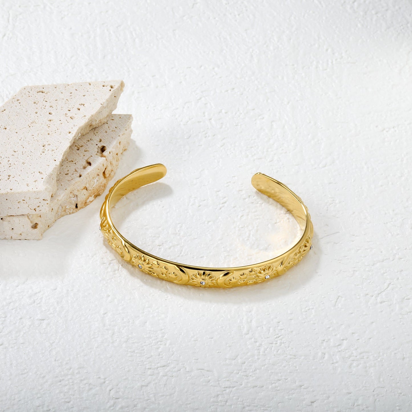 7.7mm wide, 60mm inner diameter star, moon, and sun bracelet with diamonds Steel color/gold color asonjewelry