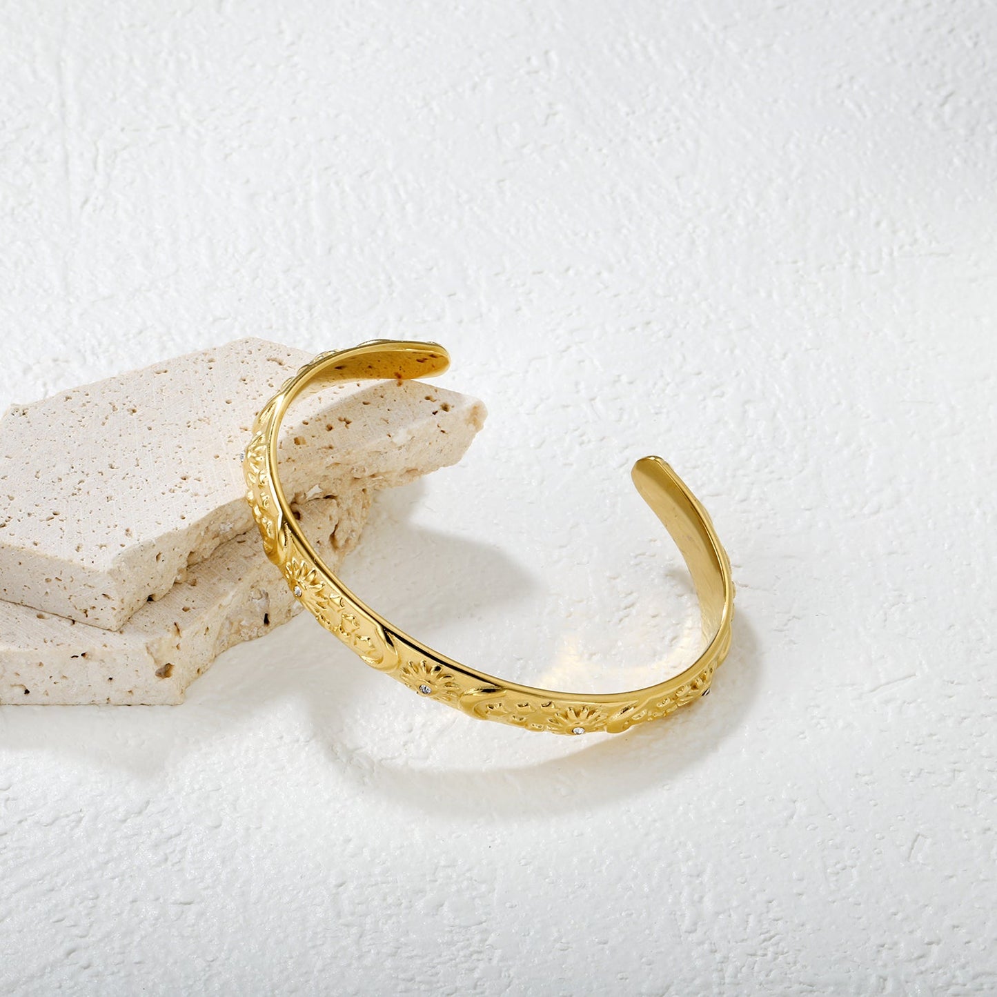 7.7mm wide, 60mm inner diameter star, moon, and sun bracelet with diamonds Steel color/gold color asonjewelry