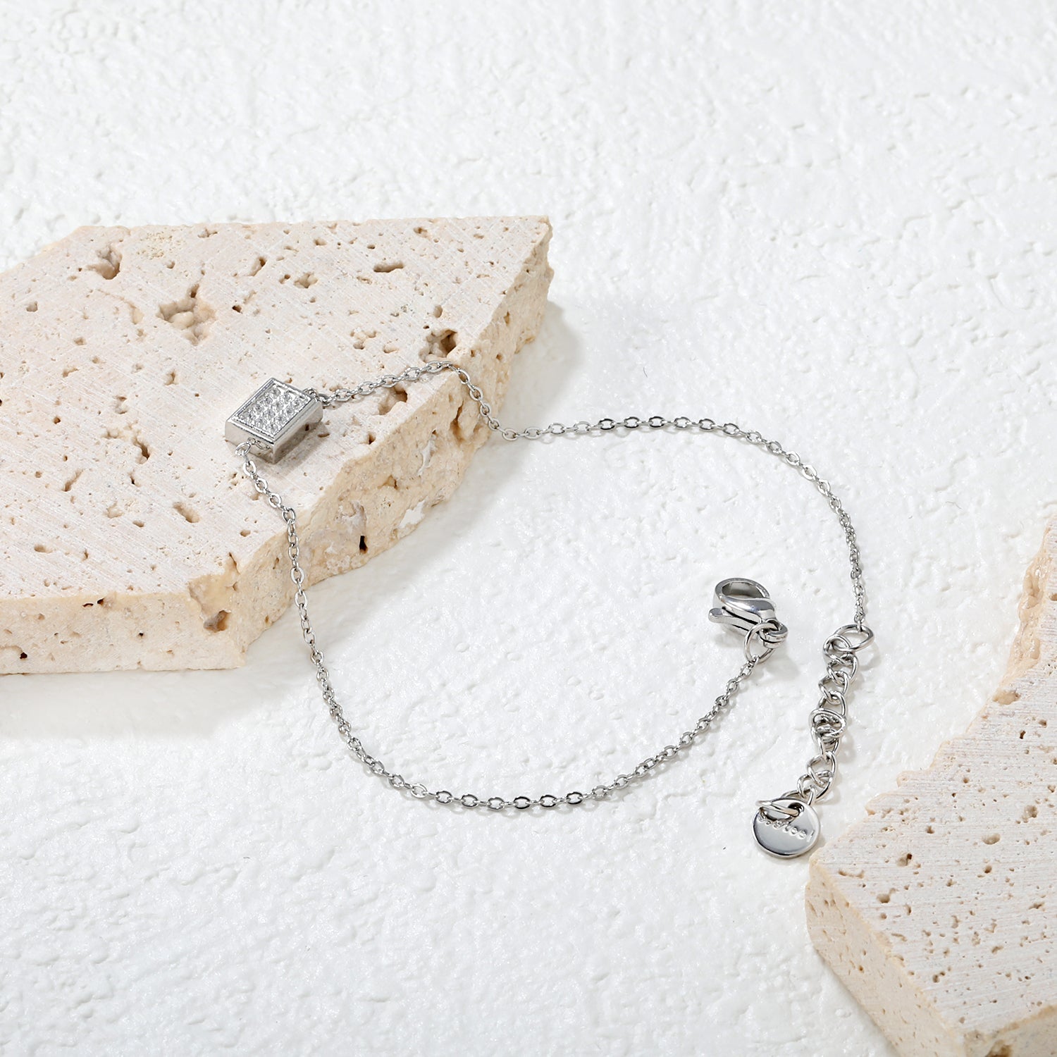 7.7 x 6mm raised edge rectangular 0.3 cross chain bracelet 18+3cm+6mm round pendant Steel color/gold color asonjewelry