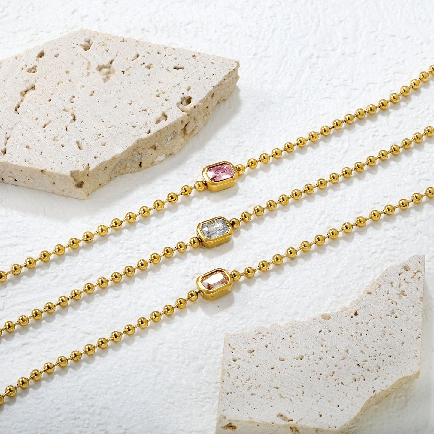 9*7mm rectangular white/pink/champagne zirconia 3mm bead chain 18+3cm+6mm round pendant bracelet gold asonjewelry