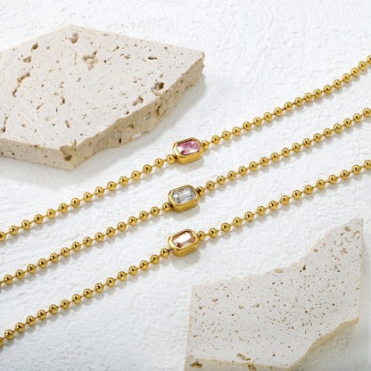 9*7mm rectangular white/pink/champagne zirconia 3mm bead chain 18+3cm+6mm round pendant bracelet gold asonjewelry