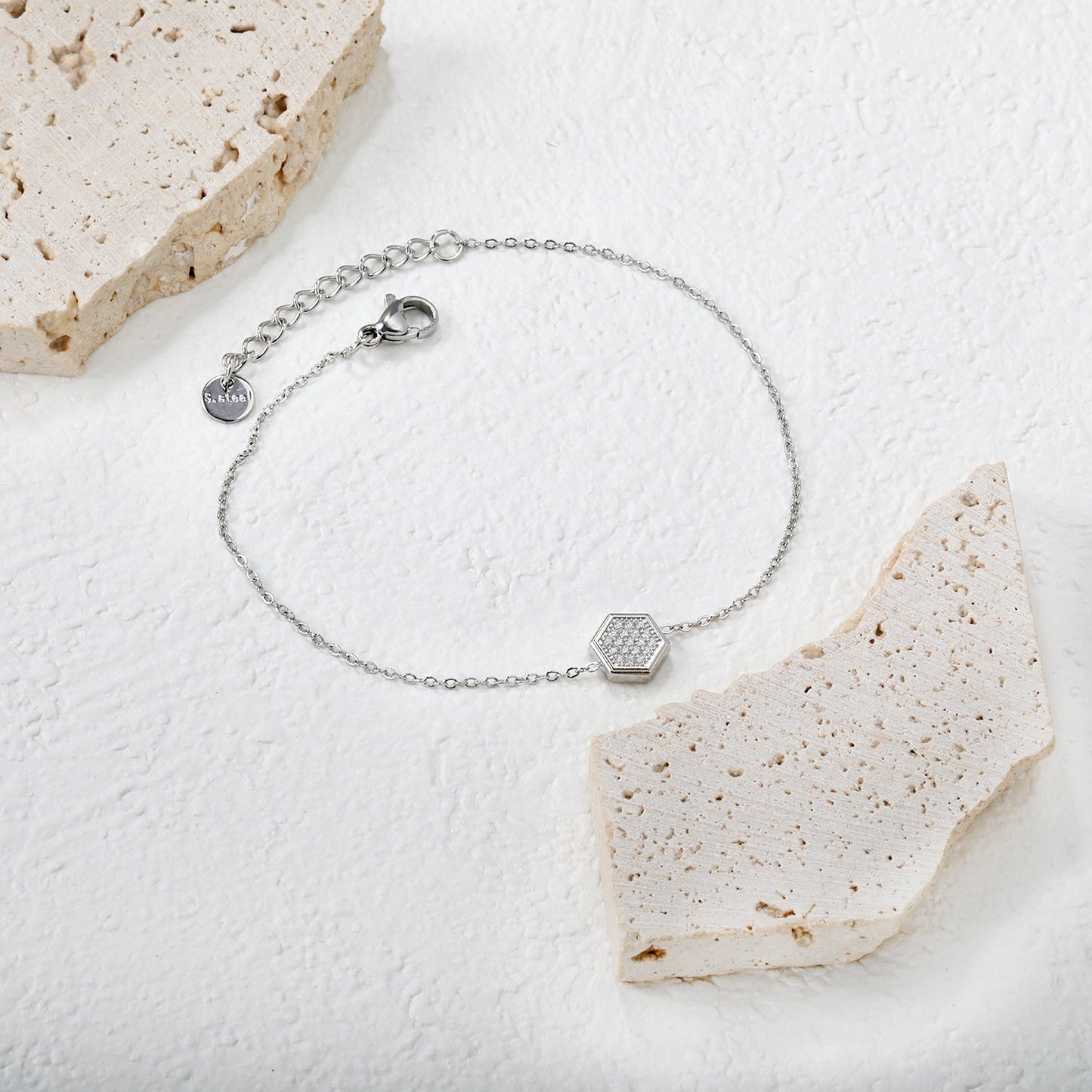 7.8 x 8.6mm raised edge hexagonal CNC white zirconium 0.3 cross chain bracelet 18+3cm+6mm round pendant Steel color/Gold color asonjewelry