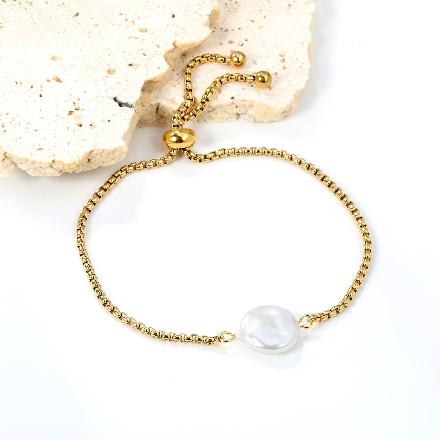 Golden 12mm Round Cake White Pearl Bracelet asonjewelry