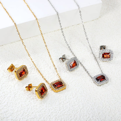 11*8.8mm rectangle garnet red zirconium with white zirconium circle earrings + necklace cross chain 0.3*44+5cm+6mm round end plate Set steel color/golden asonjewelry