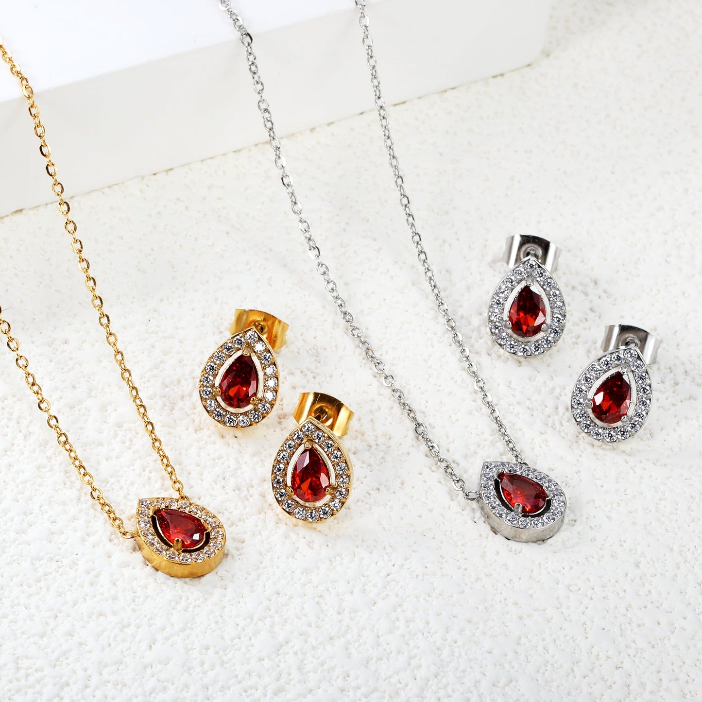 8.7*11mm teardrop shaped garnet red zirconium with white zirconium hoops earrings + necklace cross chain 0.3*44+5cm+6mm round end plate Set steel color / gold color asonjewelry