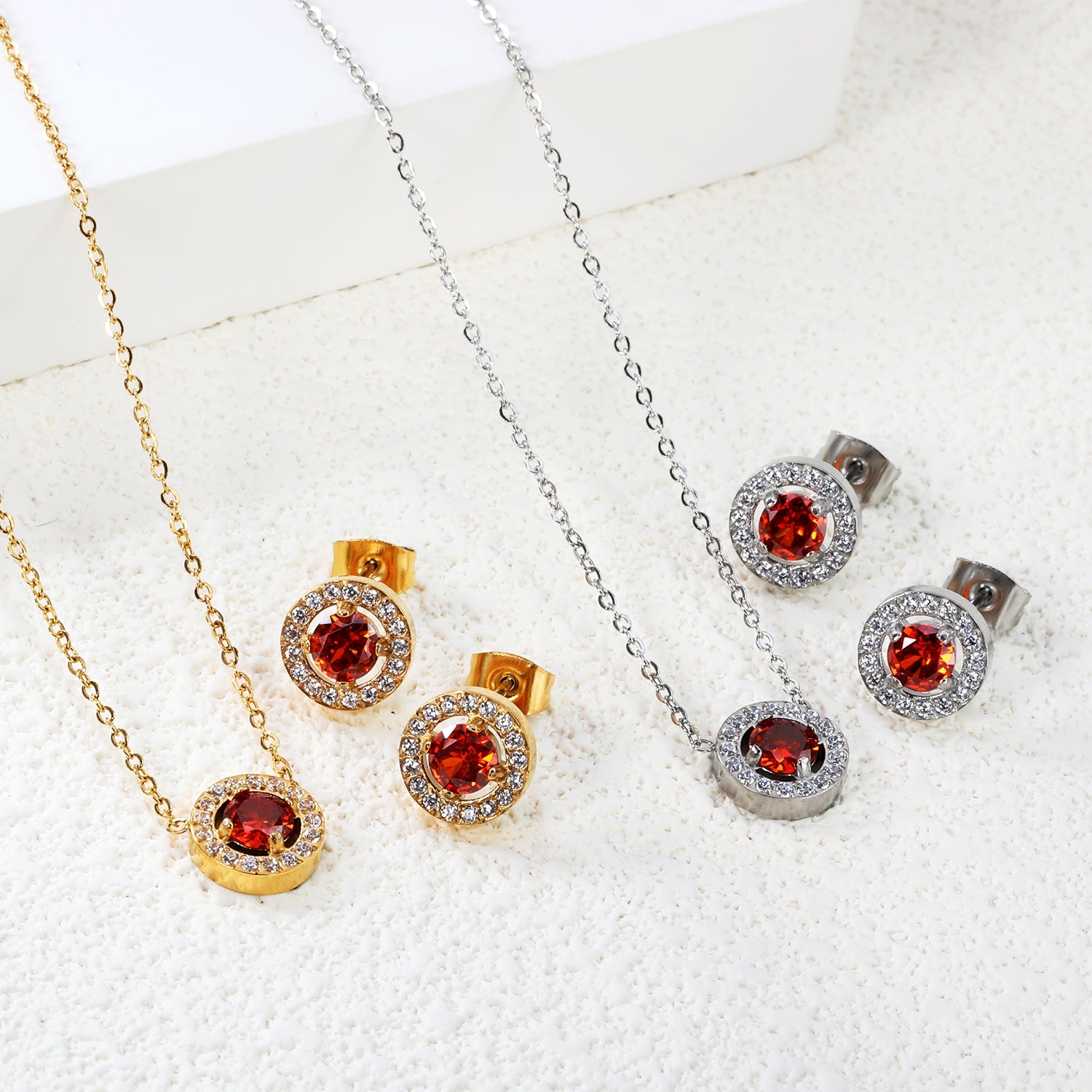 9.6mm Round Garnet Red Zirconia with White Zirconia Hoop Earrings + Necklace Cross Chain 0.3*44+5cm+6mm Round Tail Plaque Set Steel Color / Gold asonjewelry