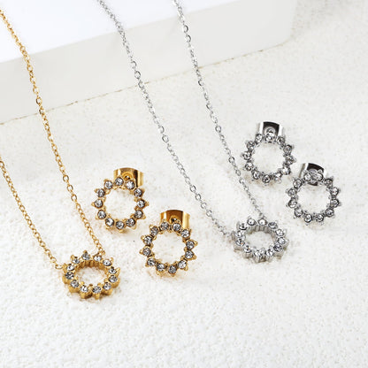 11.6mm Lace Circle with White Zirconium Stud Earrings + Necklace Cross Chain 0.3*44+5cm+6mm Round End Plate Set Steel/Golden asonjewelry