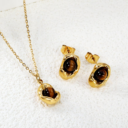 Tiger Eye Set Gold 0.3 Cross 40+5cm+6mm Earring+8.3*11.6mm Pendant Necklace 8.3*11.6mm Round Tail Plaque Set Gold color asonjewelry