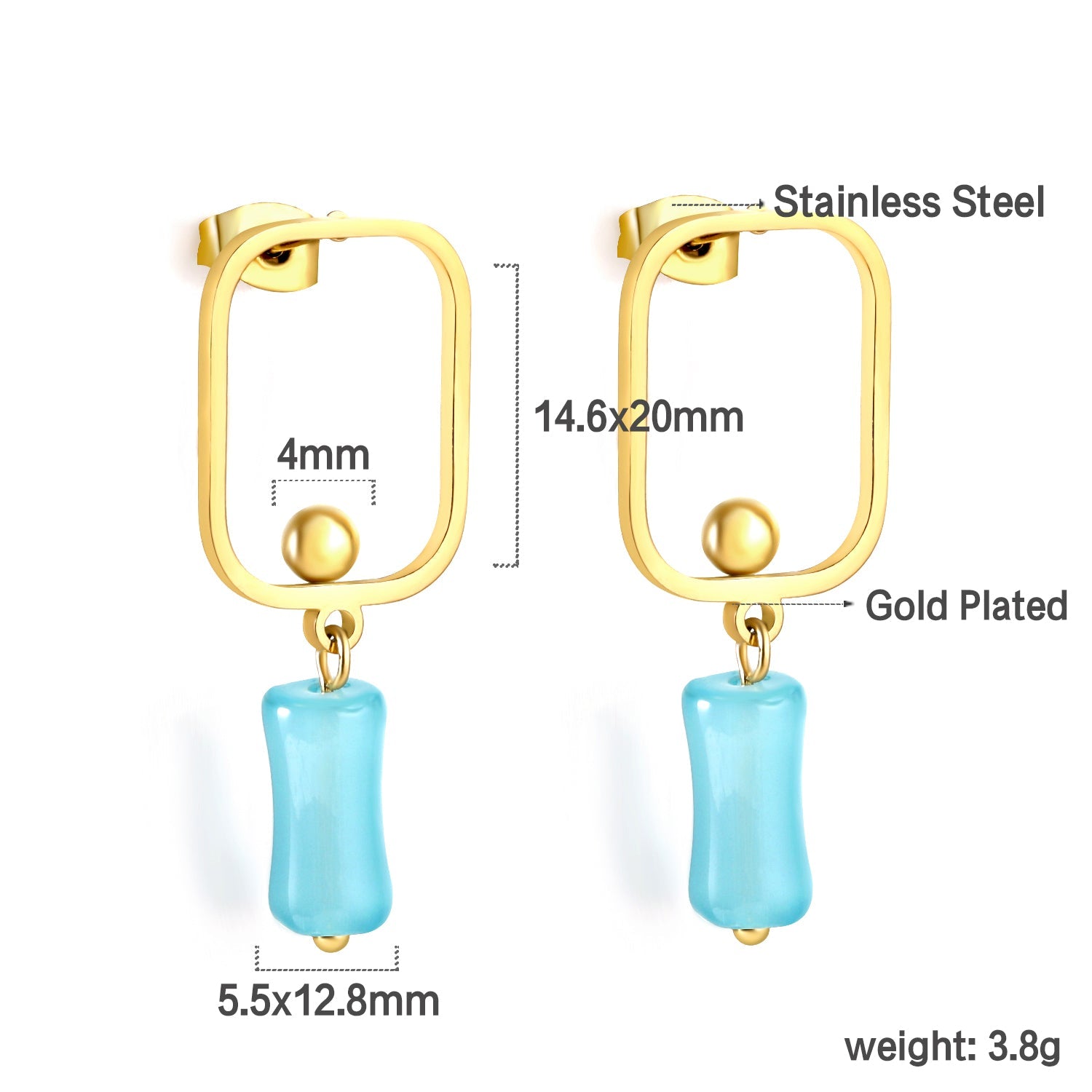 Square Hoops with Steel Beads & Pink & Blue & Green Column Stud Earrings asonjewelry