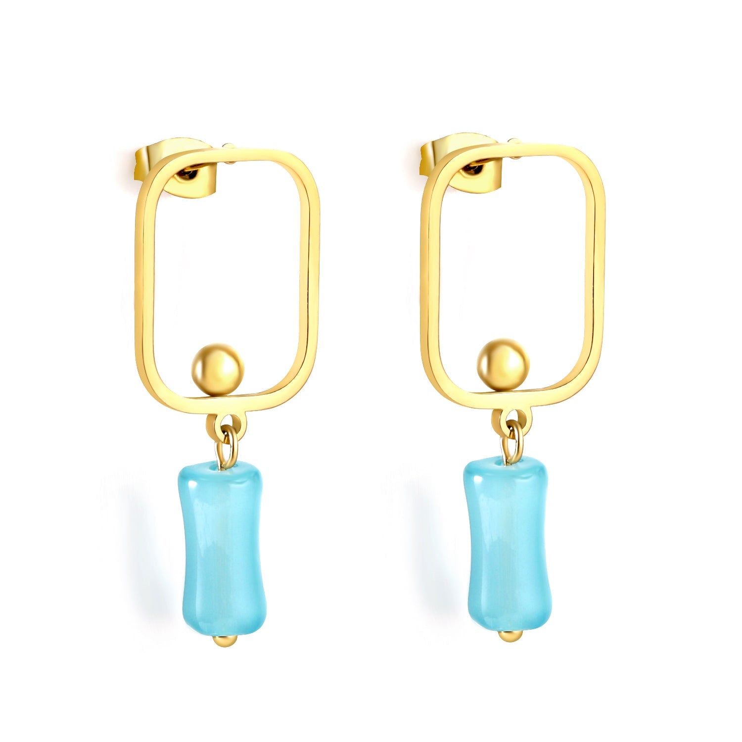 Square Hoops with Steel Beads & Pink & Blue & Green Column Stud Earrings asonjewelry