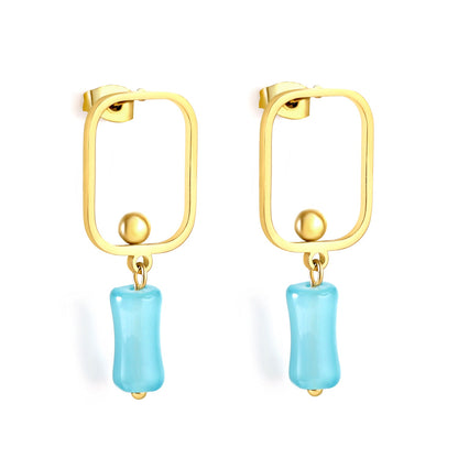 Square Hoops with Steel Beads & Pink & Blue & Green Column Stud Earrings asonjewelry