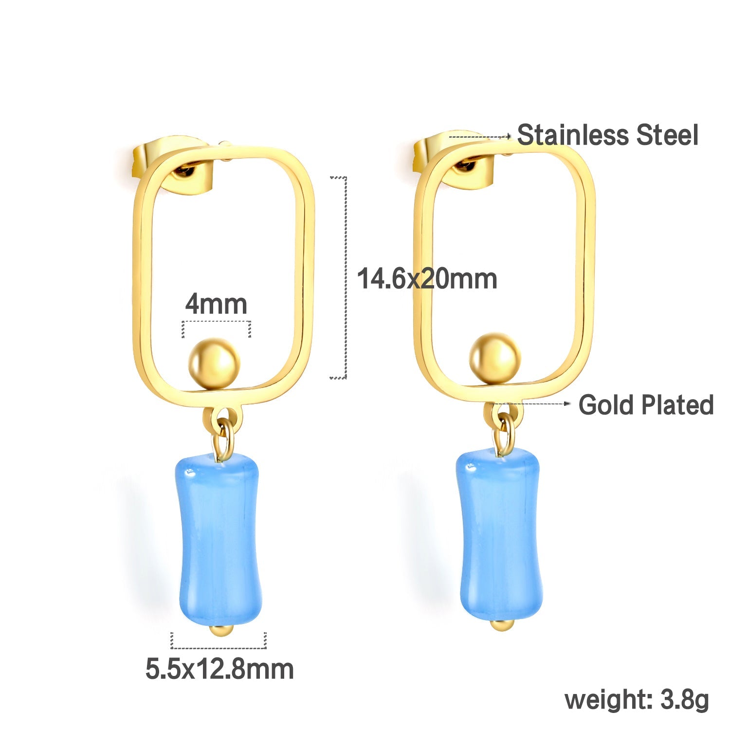 Square Hoops with Steel Beads & Pink & Blue & Green Column Stud Earrings asonjewelry