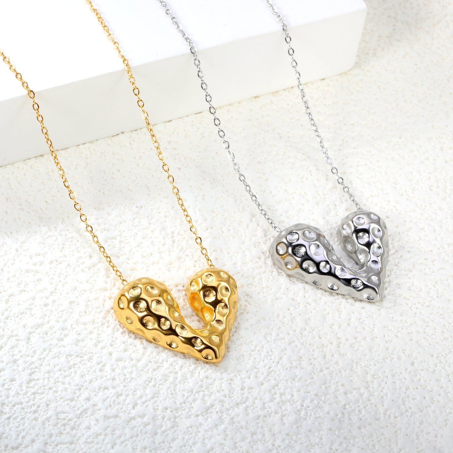 24*21mm Heart with Pitted Face Pendant Necklace 0.3 Cross Chain 40+5cm+6mm Round End Plate Steel Color/Golden Color asonjewelry