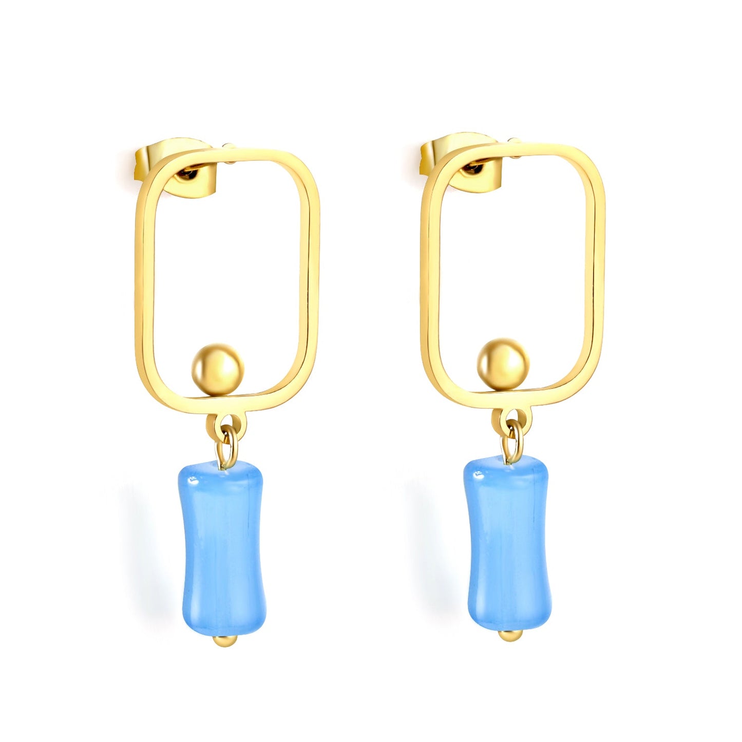 Square Hoops with Steel Beads & Pink & Blue & Green Column Stud Earrings asonjewelry