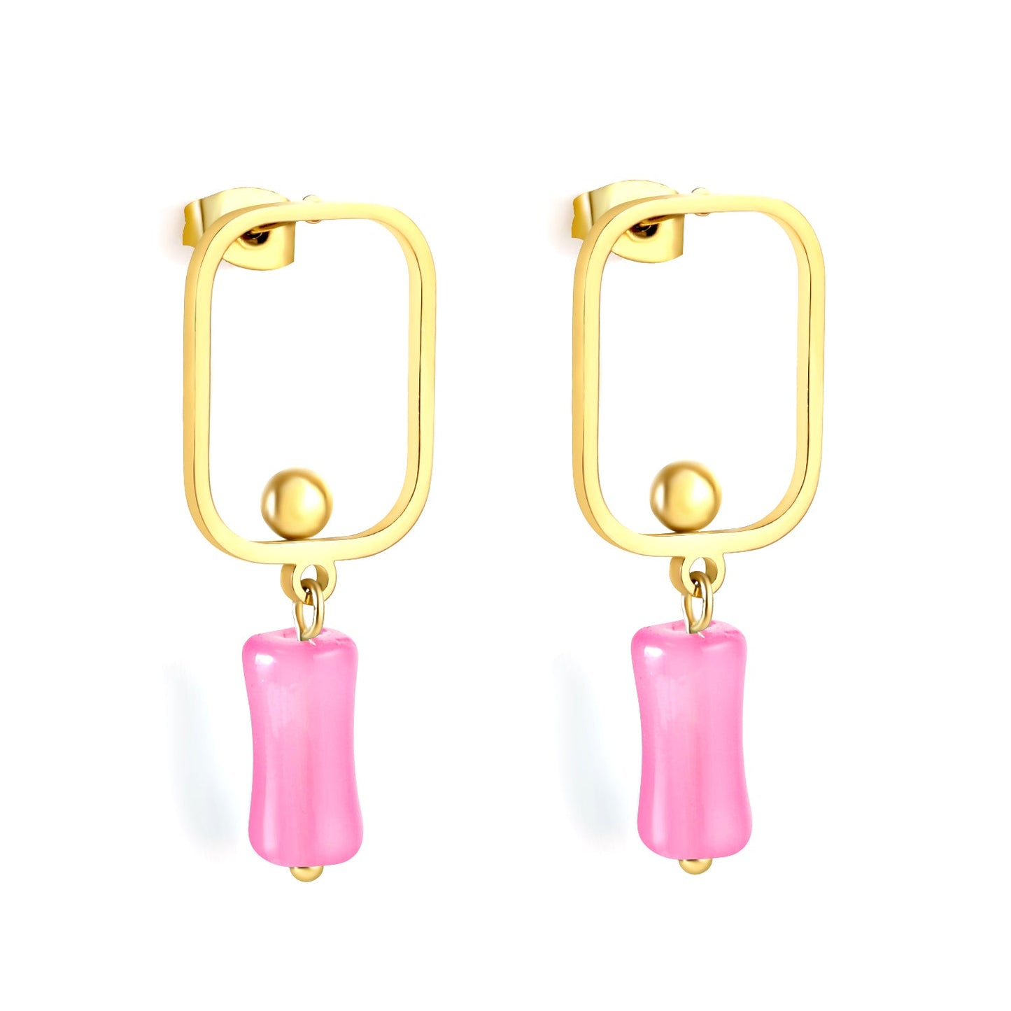 Square Hoops with Steel Beads & Pink & Blue & Green Column Stud Earrings asonjewelry