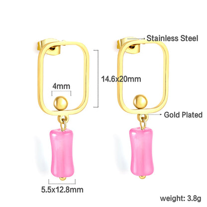 Square Hoops with Steel Beads & Pink & Blue & Green Column Stud Earrings asonjewelry