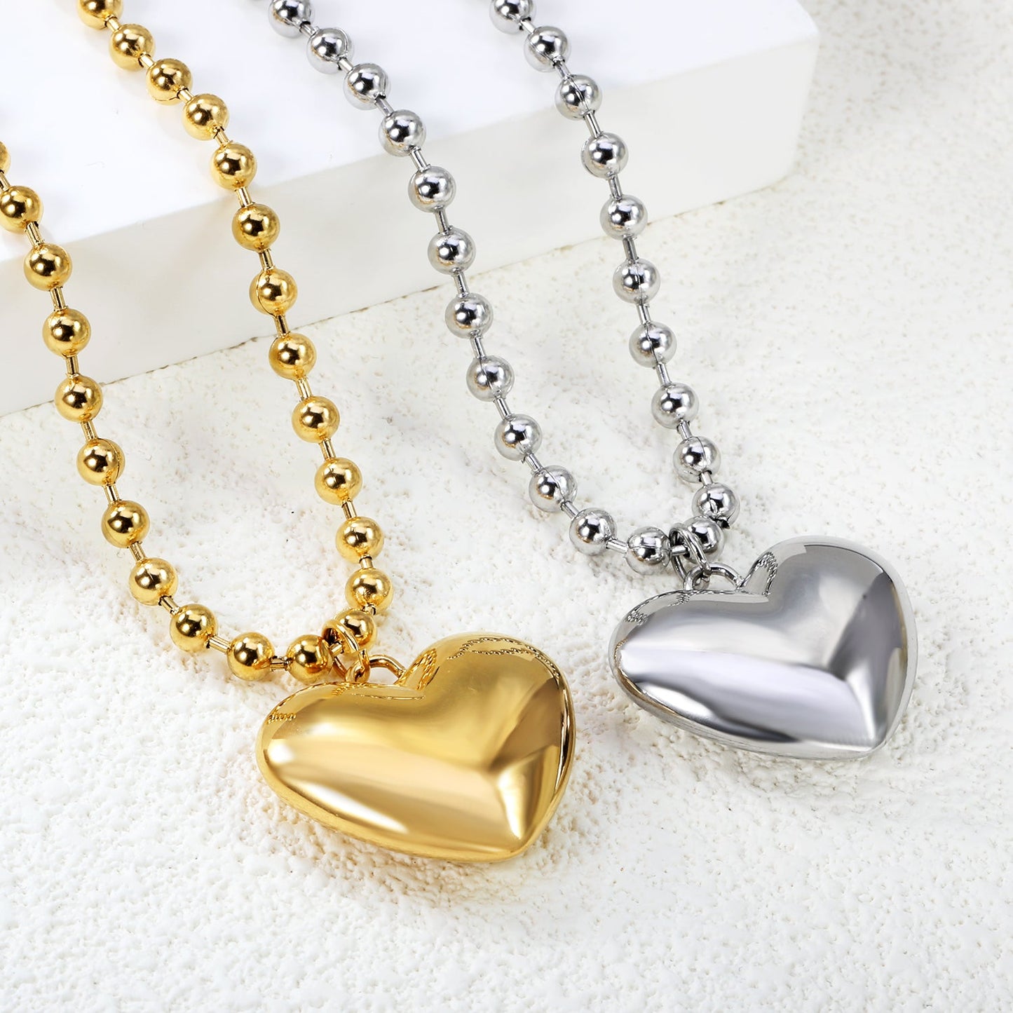 26.5*23mm Hollow Heart Pendant Necklace 4.0 Wave Bead Chain 45+5cm+6mm Round Plaque Steel Color asonjewelry
