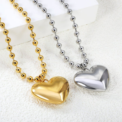 26.5*23mm Hollow Heart Pendant Necklace 4.0 Wave Bead Chain 45+5cm+6mm Round Plaque Steel Color asonjewelry