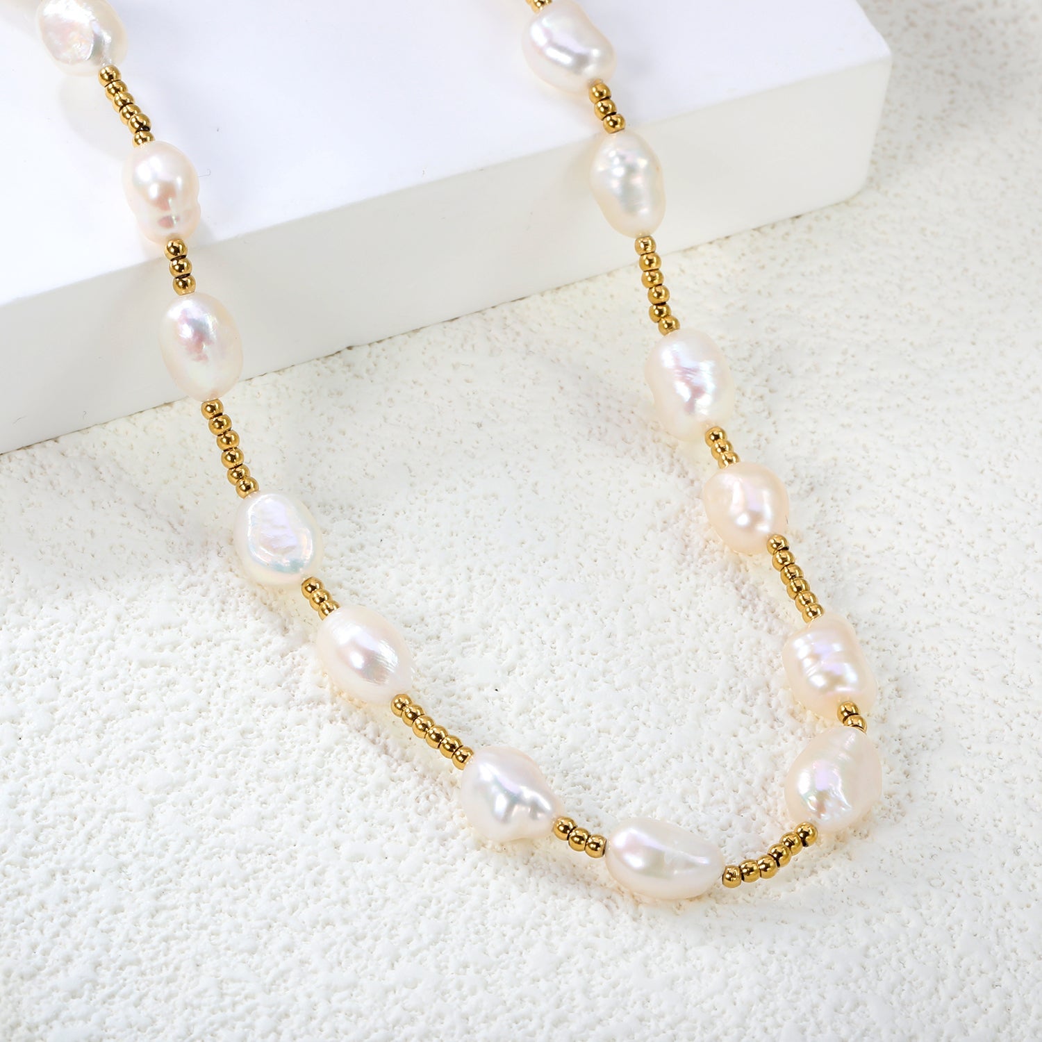 7*9mm freshwater pearl+2mm steel bead necklace 40+5cm+6mm round plaque Gold color asonjewelry